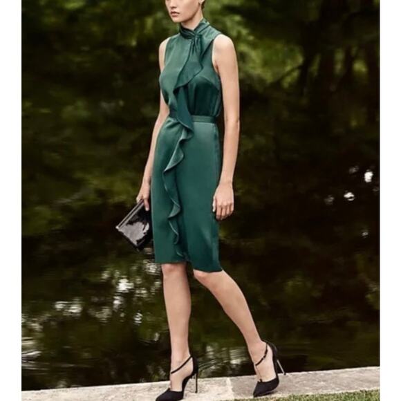 Reiss Dresses & Skirts - Reiss Lola Satin Ruffle Belted Cocktail Dress Emerald Green Sleeveless Size 10